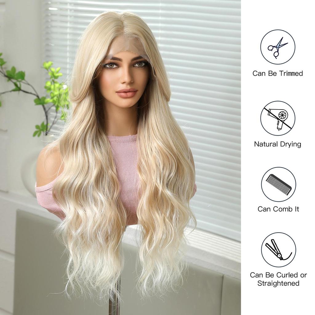 ALAN EATON HD 13x6 Lace Wigs Synthetic Long Wavy Hair BLonde Ombre Wigs Daily Use Party Wig for White Women Heat Resistant
