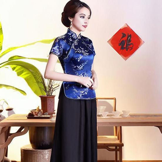 Женские топы Ципао в стиле ретро с воротником-стойкой и коротким рукавом с цветочным принтом, традиционные китайские топы, новогодние топы Cheongsam, женская одежда