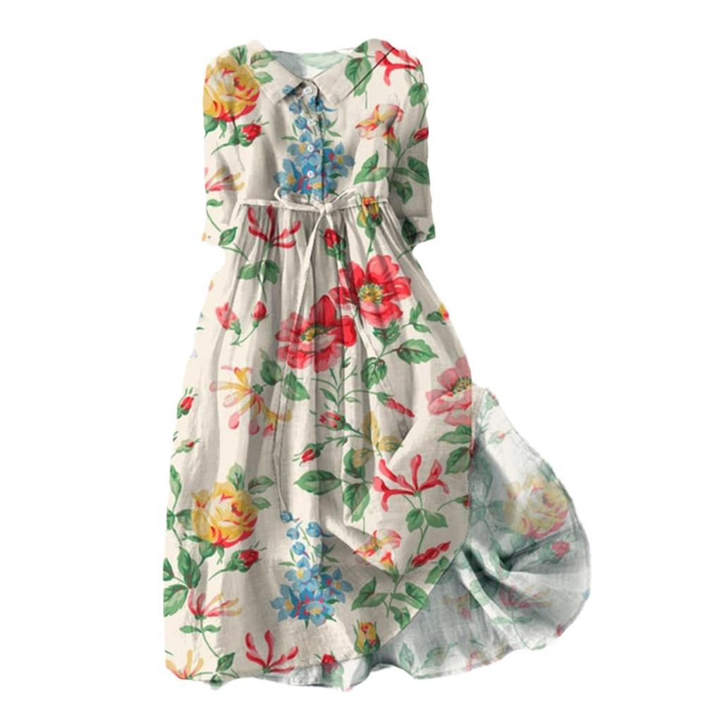 2024 Summer Trendy Lapel Dress: Cotton & Linen, Five-Point Sleeve, Long Skirt