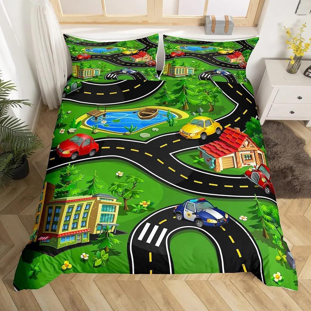 Детский мультяшный комплект пододеяльника с принтом машинок, комплект постельного белья с изображением города, улицы, дороги, из микрофибры, чехол для одеяла размера твин, квин