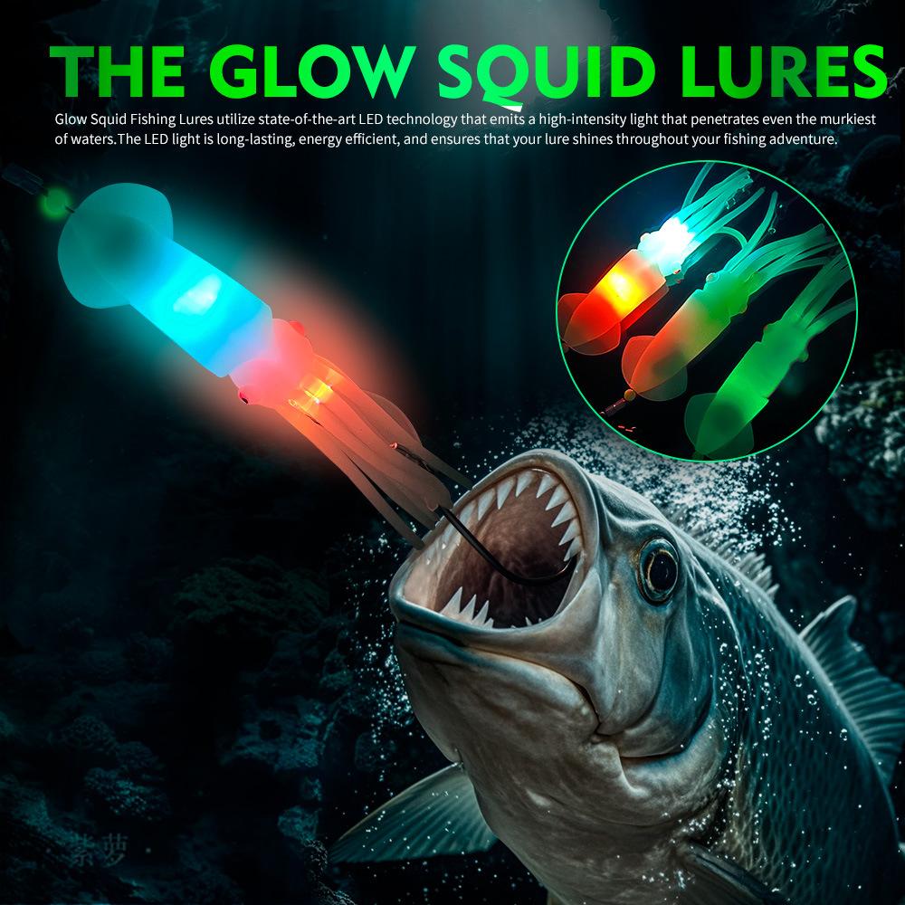 Светящаяся приманка для морской рыбалки на крючке в виде кальмара, имитация кальмара, светодиодная светящаяся бионическая приманка в виде кальмара со свинцовым грузилом, рыболовный набор