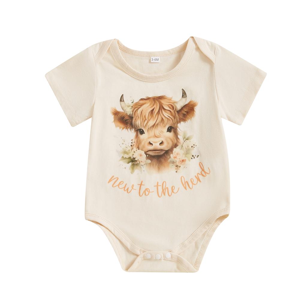 Baby Girl Summer Romper Short Sleeve Round Neck Cow Letter Print Bodysuit Newborn Playsuit