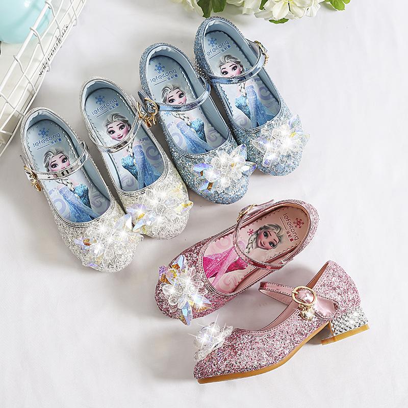 Girls' Princess Shoes New Fashionable Children's Shoes Spring and Autumn High Heels Velcro Single Shoes Little Girls' Pink Crystal Shoes