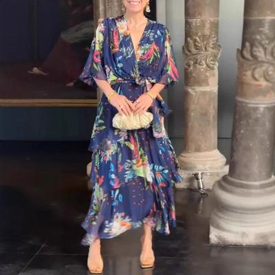 Женское платье с многослойным подолом, шнуровкой, тонкой талией, цветным принтом, макси-платье со средним рукавом