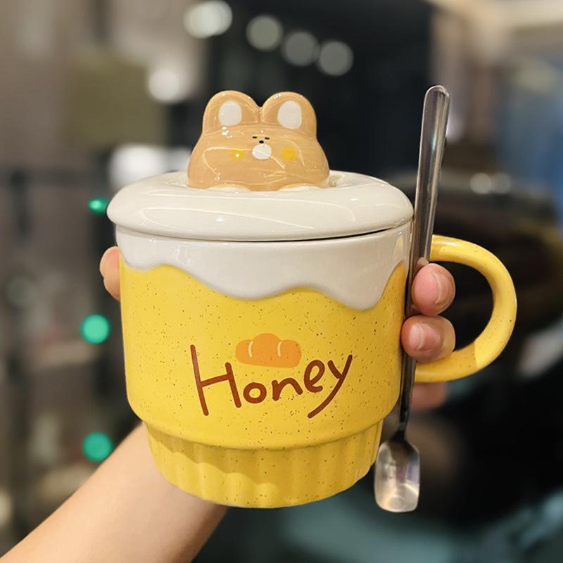 Cute Cartoon Coffee Milk Bear Ice Cream Ceramic Cup with Lid Spoon Girls Water Cup Home Breakfast Oatmeal Cup Mug