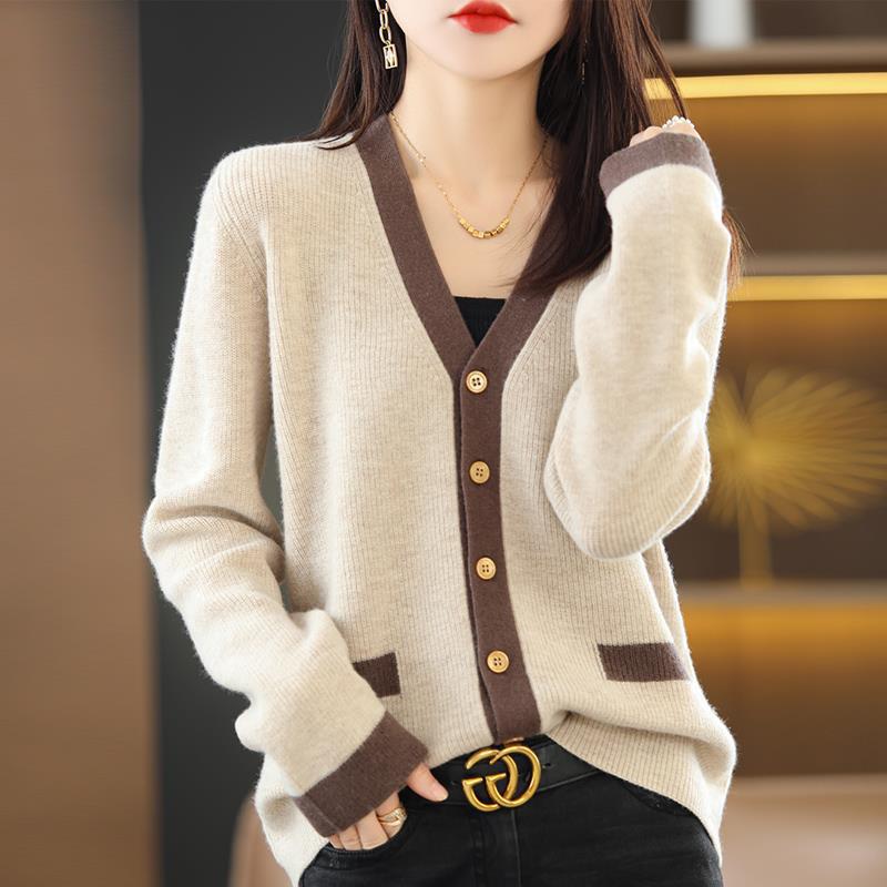 Весенне-осенний свитер с V-образным вырезом, женский вязаный кардиган с цветными блоками, свободные топы, женская куртка, удобная, универсальная и модная