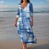 Women's Vintage Print Tunic Waisted Midi Dress Summer Casual 3/4 Sleeve Dress Dress