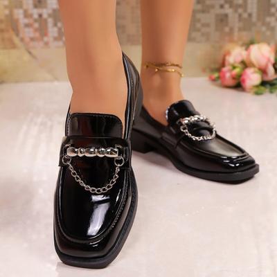 Винтажные туфли-лодочки с круглым носком и глубоким вырезом, с металлической пряжкой, из лакированной кожи, на мягкой подошве, нескользящие и износостойкие, на квадратном каблуке