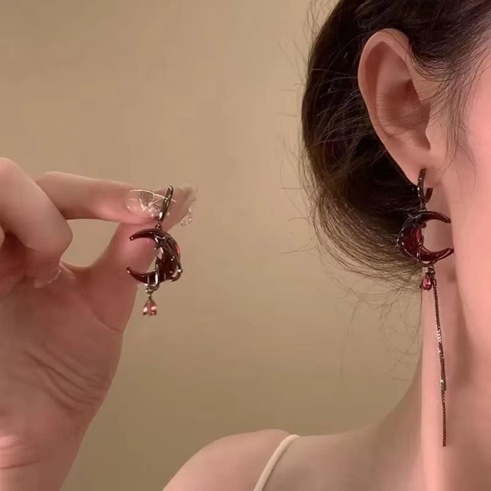 Red Crystal Asymmetry Earrings Tassel Chain Women Dangle Earrings Rhinestone Moon Earrings  Gift