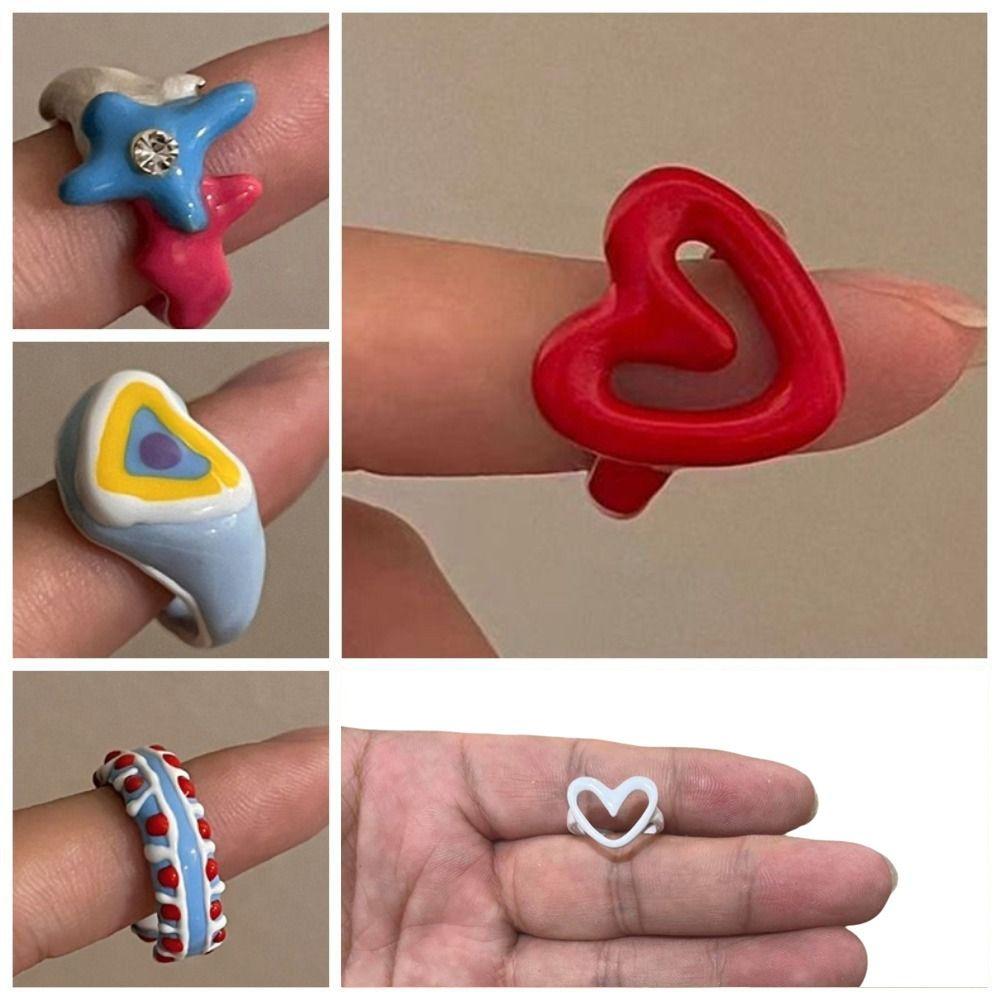 Chunky Jewelry Enamel Heart Ring Y2K Geometric Ring Unique Finger Buckle Men
