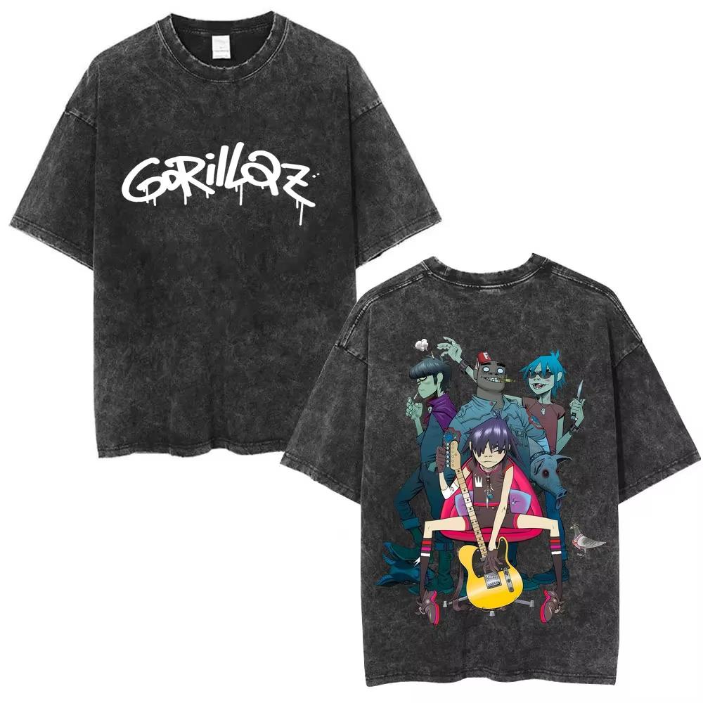 Washed Vintage Rock Band Gorillaz Album Graphic T-shirt Men's Women Hip Hop Fashion Oversized T Shirts Male Cotton Streetwear