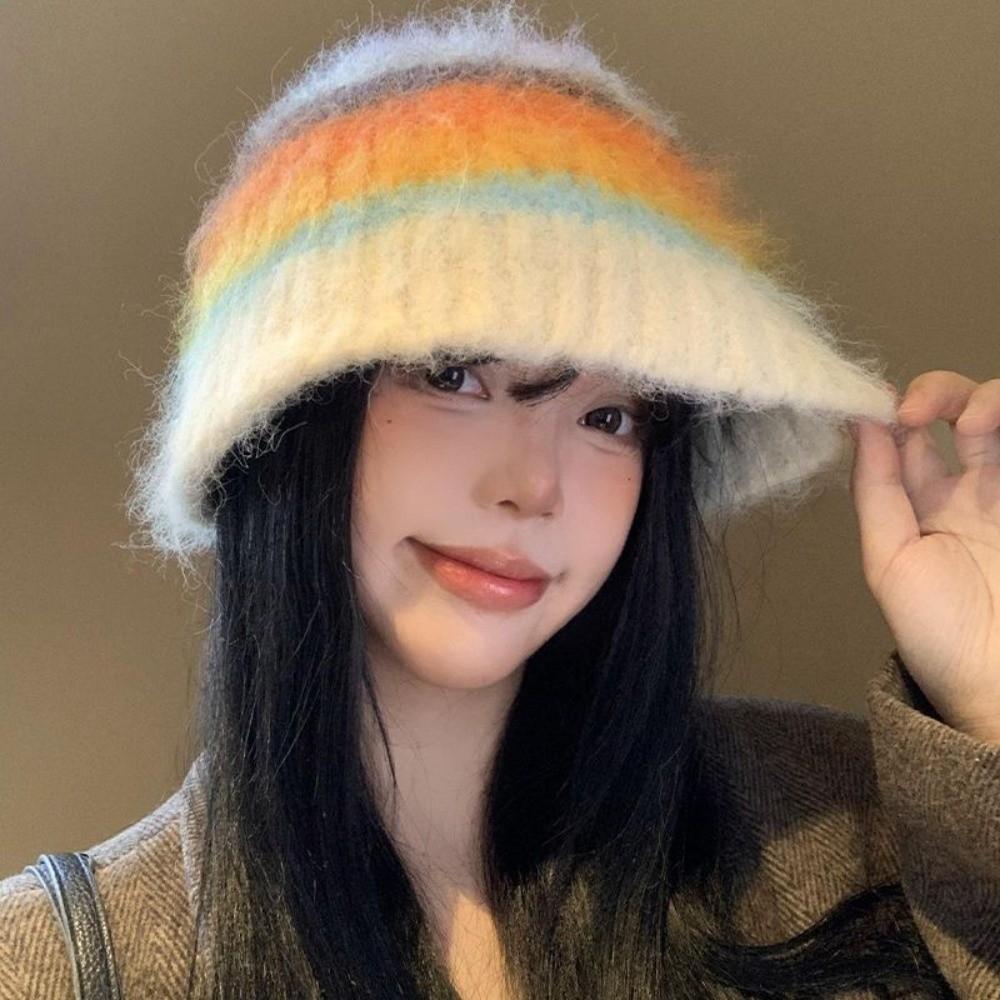 Colorful Striped Knitted Hat Soft Cotton Crochet Beanie Hat New Woolen Bucket Cap Unisex
