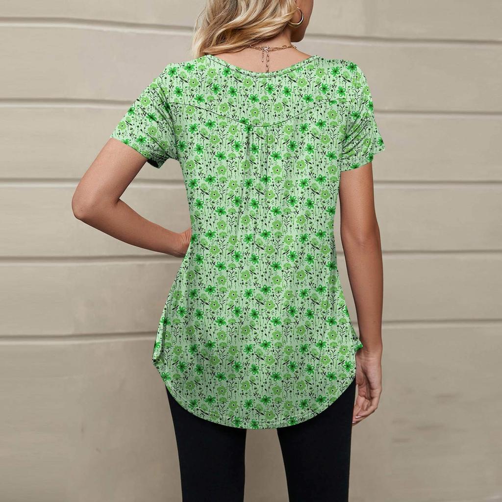 Женская модная повседневная футболка с v-образным вырезом и цветочным принтом на пуговицах и коротким рукавом, топ