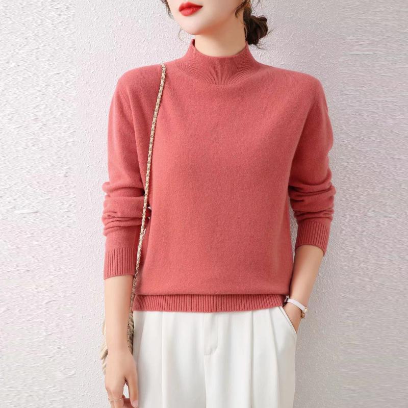 Women's Autumn/Winter Wool Sweater - Half-High Round Neck, Warm Knit Pullover, Ideal Base Layer