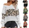 Зимний V-образный воротник Цветной леопардовый принт свитер Женщины Сращивание Самосовершенствование
