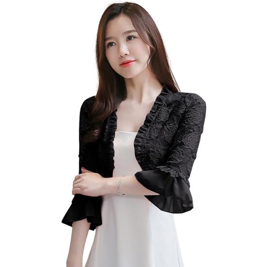Women Sunscreen Coat Lace See-through Hollow Out Flower Embroidery Shirring Anti-UV Short Three Quarter Sleeve Lady