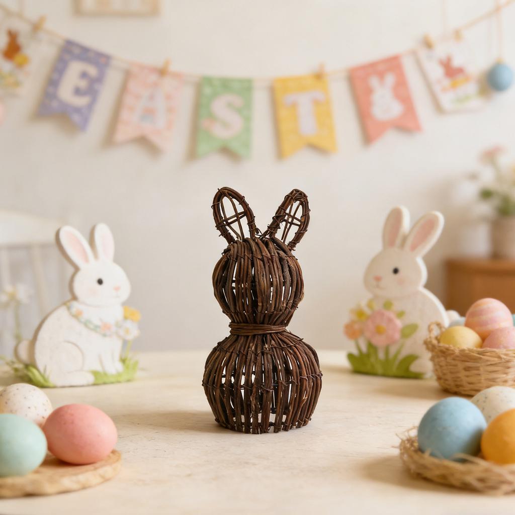 Wicker Ornament Handcrafted Easter Bunny Home Decor Garden Decorative Piece