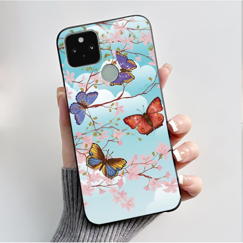 Силиконовый чехол для Google Pixel 5 Pixel 5A Pixel5 Pixel5A Мягкий чехол Роскошная мода Бабочки Цветы Нарисованный Черный чехол для телефона