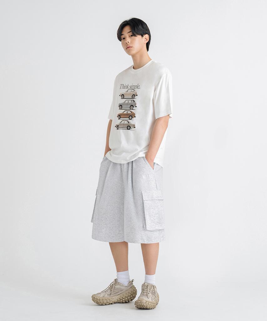 LEMAIN SECOND Bermuda Wide One-Pleat Cargo Sweat Shorts [White Melange]