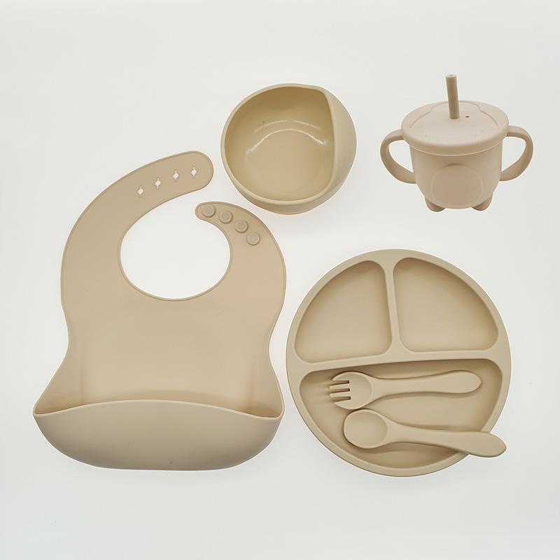 Children's Dishes Set Baby Silicone Tableware 6PCS Set Sucker Bowl Bib Cup Fork Spoon Set Maternal and Infant Supplies BPA Free