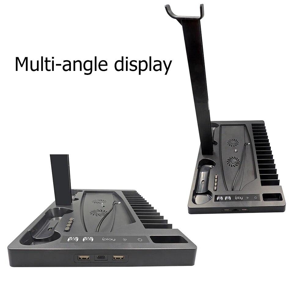 Подставка для PS5 с охлаждающим вентилятором, стойка для хранения дисков, консоль для зарядного устройства с двумя контроллерами, зарядная станция, поддержка вентилятора-кулера