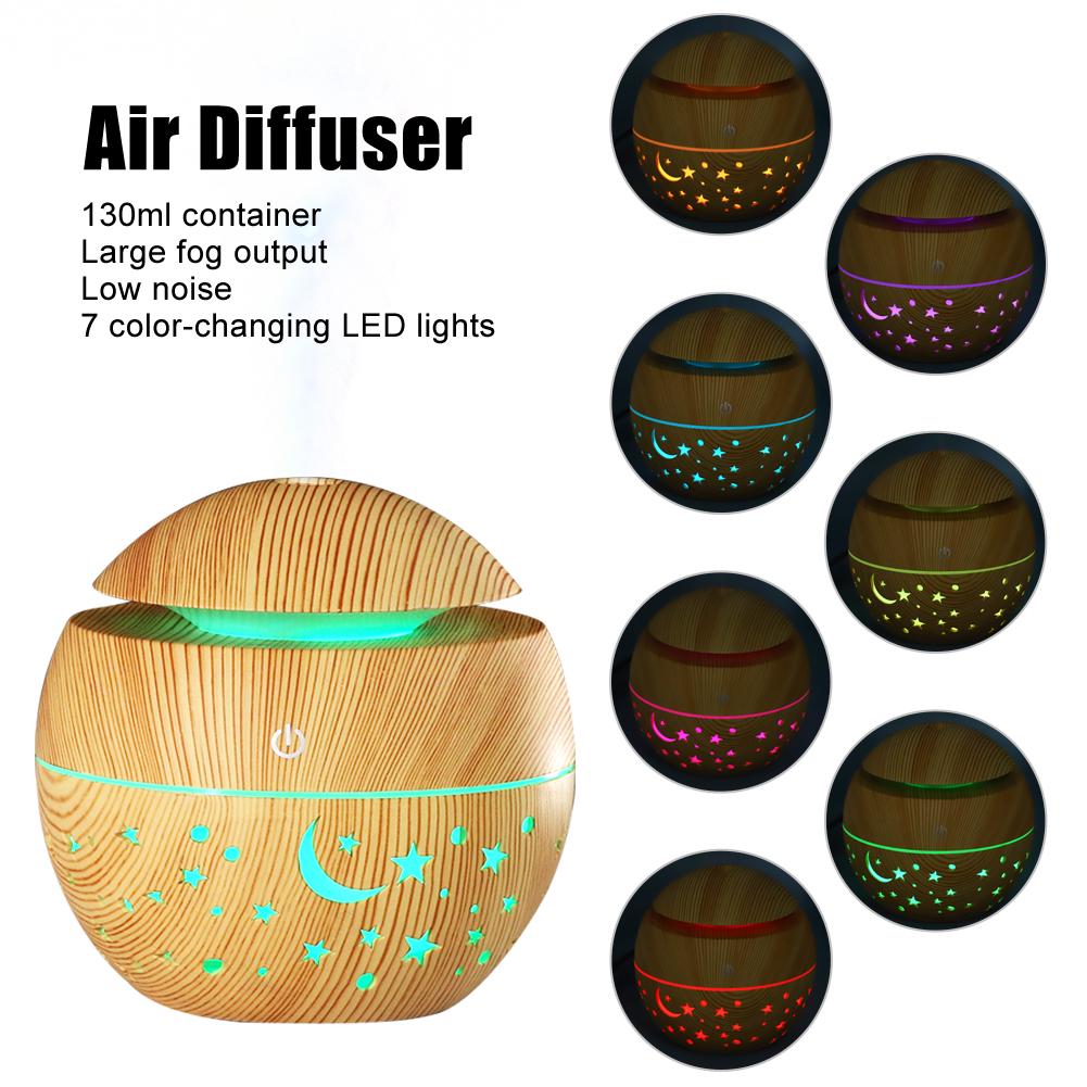 130ml Portable Humidifier Wooden Grain Air Diffuser Mist Hollow Air Atomizer With LED Light