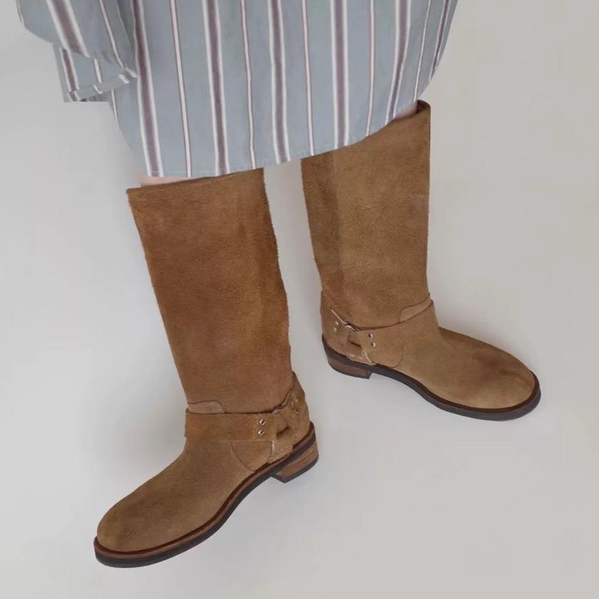 Версия из коровьей кожи~ ретро модные толстоподошвенные ковбойские сапоги в западном стиле женские из натуральной кожи с круглым носком с отворотом из меха высокие сапоги-мартины рыцарские