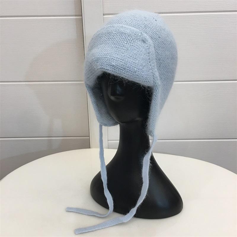 Огромная милая зимняя утолщенная вязаная шапка-ушанка из кроличьего меха для девочек, студенческая, ветрозащитная, теплая, с защитой ушей, шерстяная