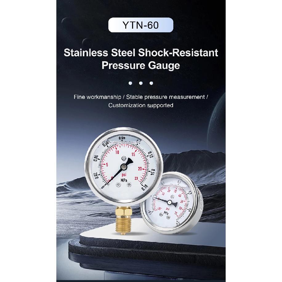 YTN60 Pressure Gauge -0.1MPa-0-60MPa Axial Shockproof Stainless Steel Dual Scale PSI Vacuum Oil Water M14 G1/2 NPT1/4