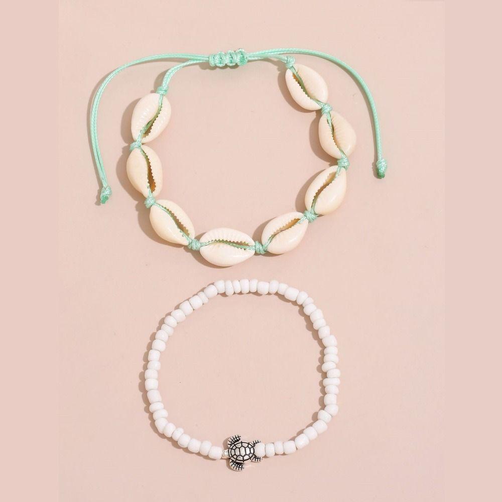 2PCS Shell Rice Beads Anklets Set Braided Rope Fashion Girl