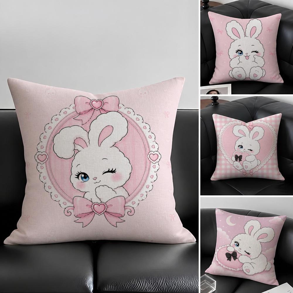 Character Pink Rabbit Cushion Cover Natural Linen Pillowcase Set AllinOne Decor for Sofa Bedroom Chair