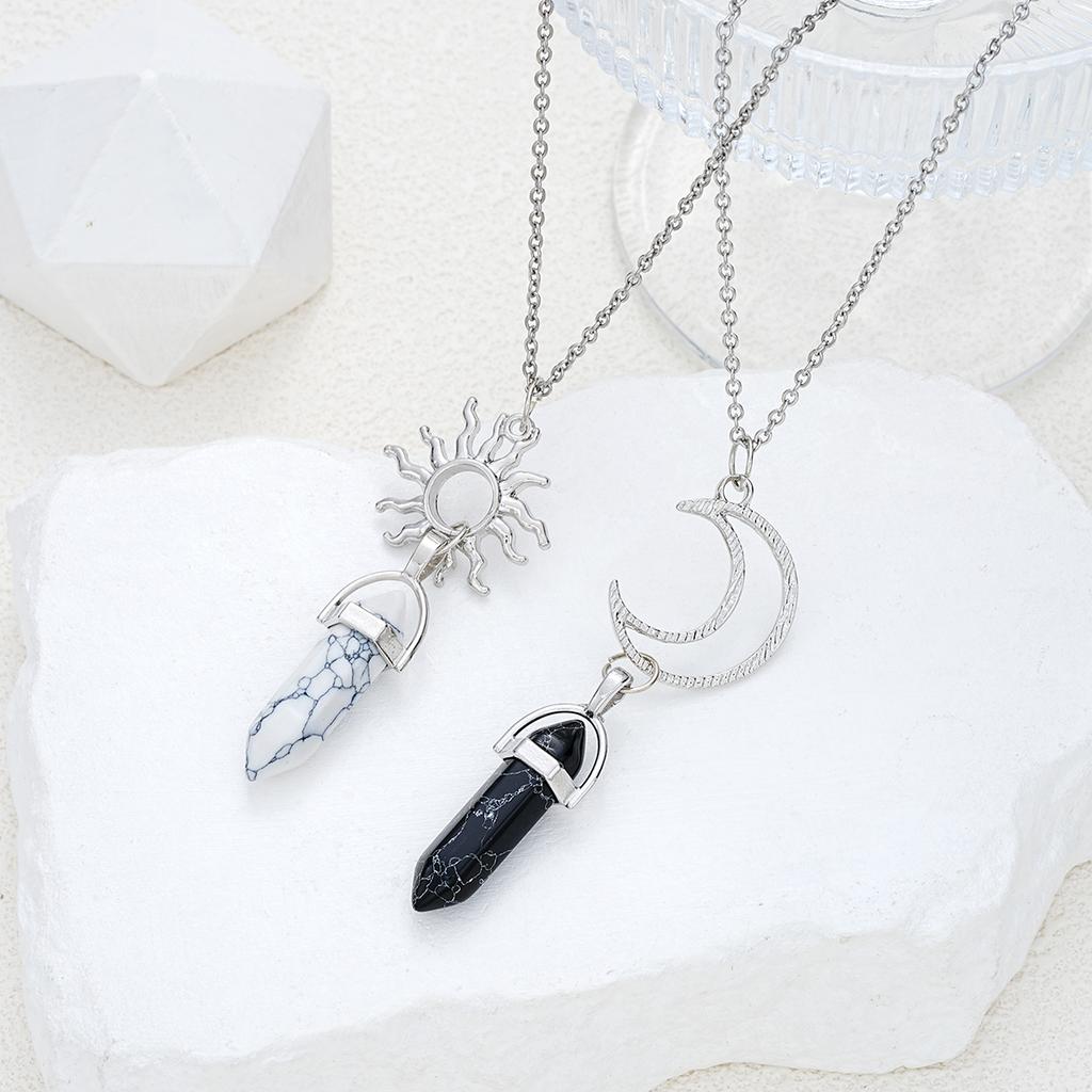 2 Pcs Sun Moon Natural Stone Bullet Pendant Necklack For Men Women Lover Hexagon Pillar Quartz Crystal Stone Column Necklaces