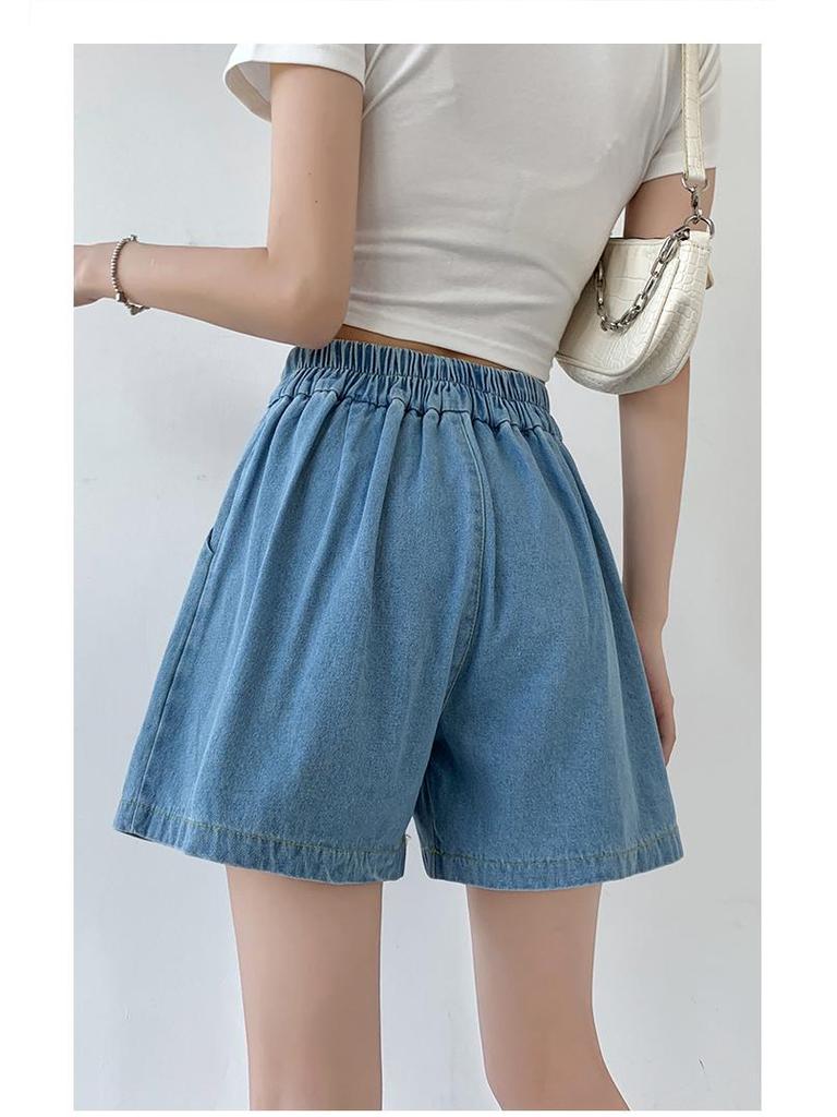 Women's Washed Denim Shorts, 2025 Summer Collection: Loose Wide-Leg Design, Elastic High Waist, Casual Fit.