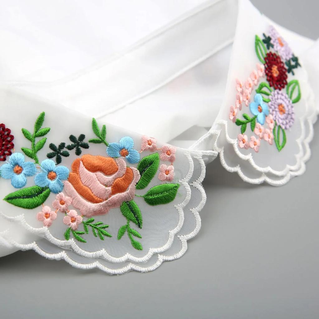 Embroidered Sweater Lapel Fake False Collar Female White Half Shirt Tie Detachable Collars Button Blouse Tops Decorative