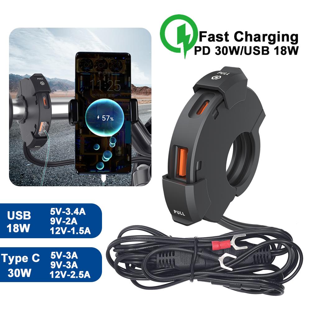 QC 3,0 мотоциклетное USB-зарядное устройство типа C PD, быстрая зарядка, крепление на руль, адаптер для зарядного устройства для телефона с камерой, наушники 12 В/24 В