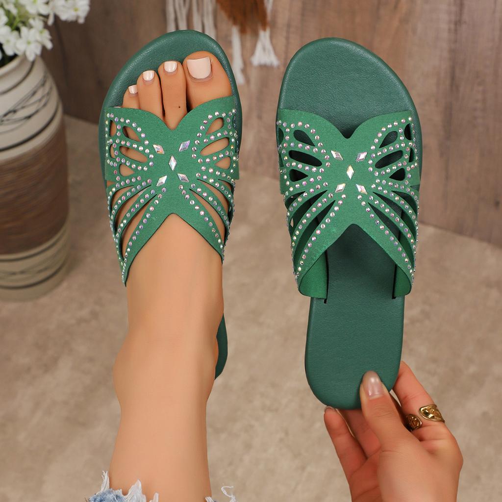 Fashion Women Slippers Rhinestone Butterfly Hollow Flat Shoes Ladies Fashion Beach Sandals Plus Size Solid Color Slippers Slides Women