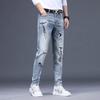 Мужская корейская версия повседневных эластичных узких серых джинсов с цветочным принтом для маленьких ног размера плюс