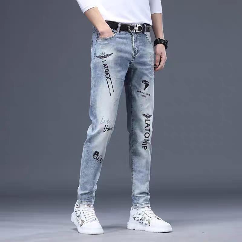 Мужская корейская версия повседневных эластичных узких серых джинсов с цветочным принтом для маленьких ног размера плюс