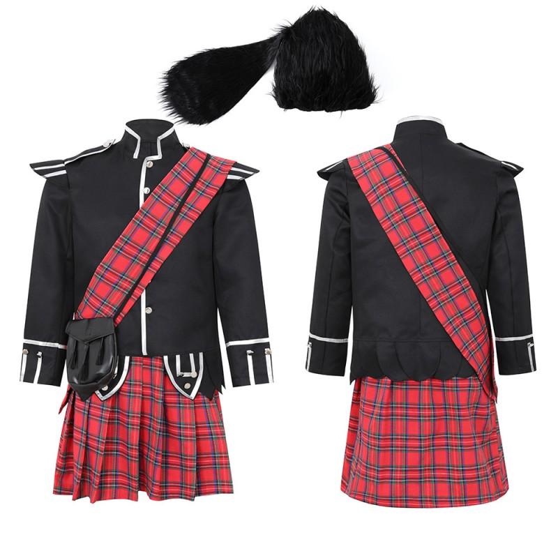 Scottish Red Tartan Military Costume Adult Men Halloween Party Cosplay Stage Performance Uniform