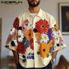 Oversized Men Turn Down Collar Casual 3/4 Sleeve Buttons Floral Print Holiday Shirts Tops
