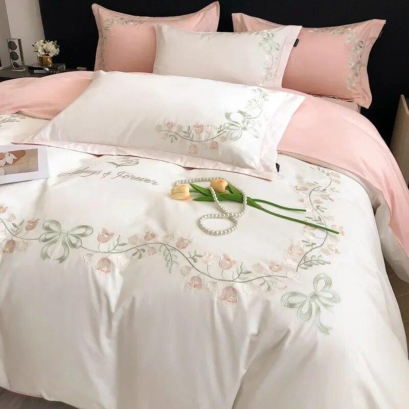 New High-End Simple and Light Luxury Skin-Friendly Cotton Four-Piece Set Simple Embroidery Bedding Lily