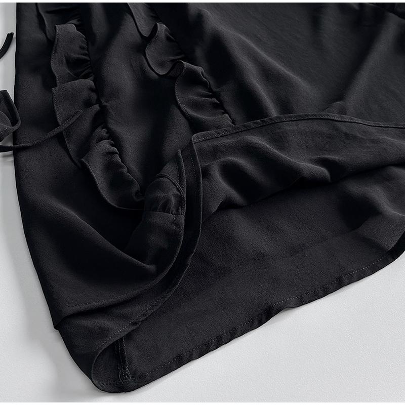 Elegant Ruffles Mini Dress Women V Neck Hollow Out Lace Up Long Sleeves Lace Dresses Solid Color High Waist Dress