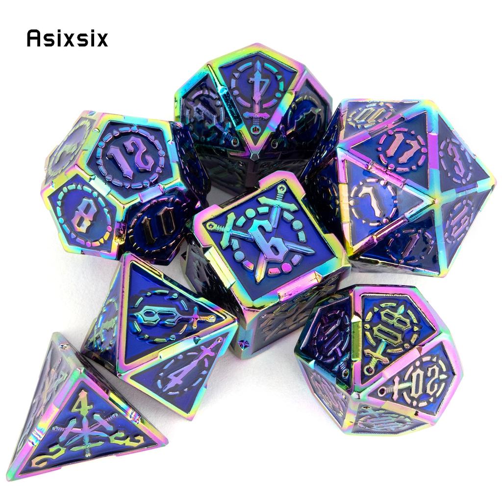 7 Pcs Blue Red Double Swords Metal Dice Solid Polyhedral Dice Set Suitable for Role-Playing RPG DND Pathfinder Board Game