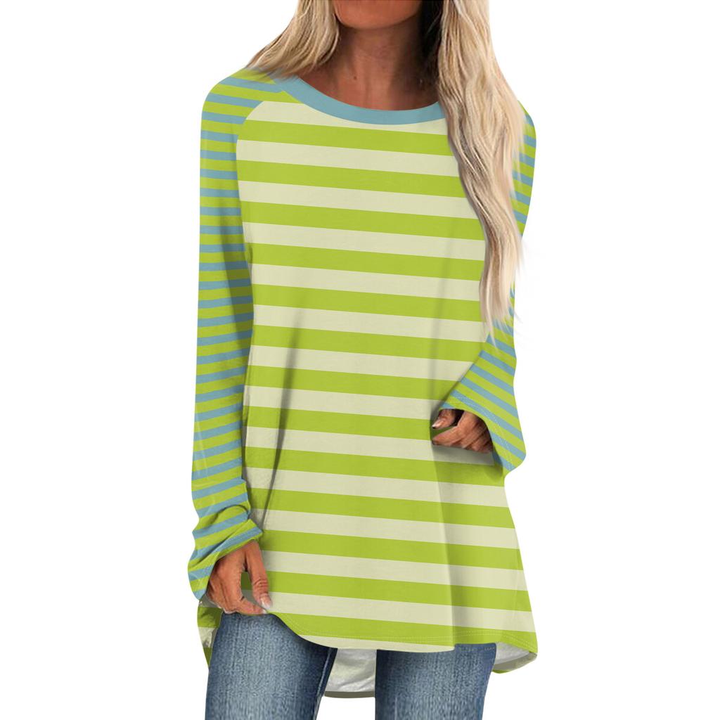 Женская мода повседневная спущенная линия плеча с длинным рукавом миди полосатый принт топ