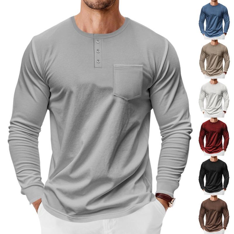 Мужская рубашка-henley с длинным рукавом Свободная футболка с карманом для весны и осени