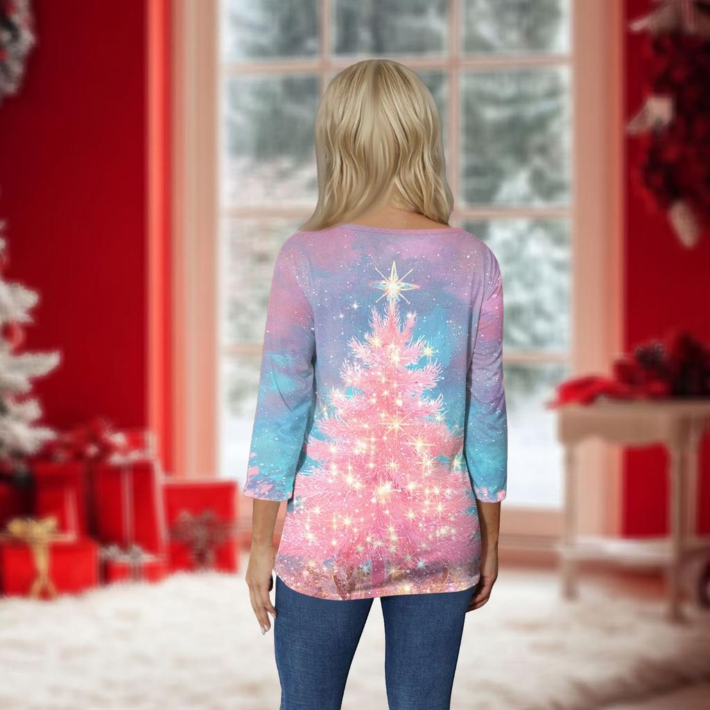 Женский топ с круглым вырезом и рукавом 3/4 с рождественским принтом
