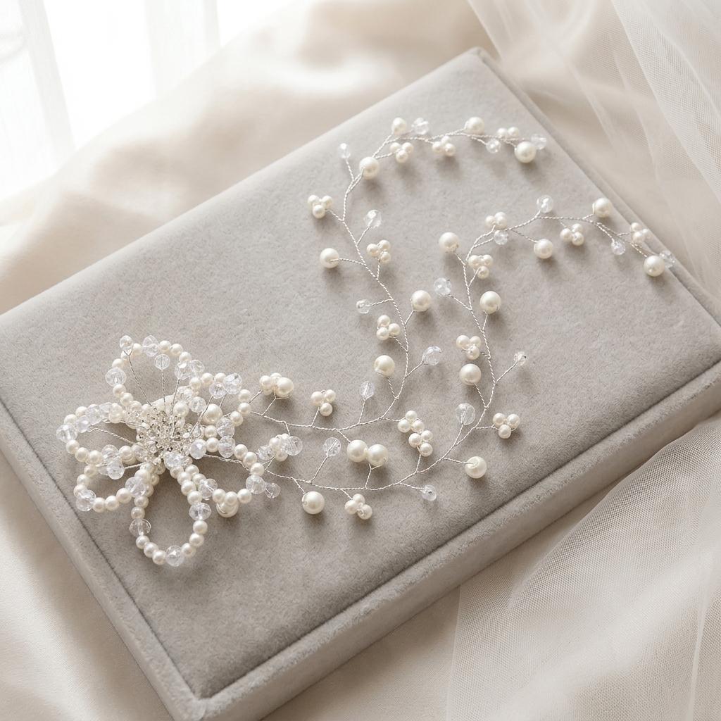 Korean Style Bridal Hairpiece With Crystal Pearl Flower Design For Wedding Ceremony