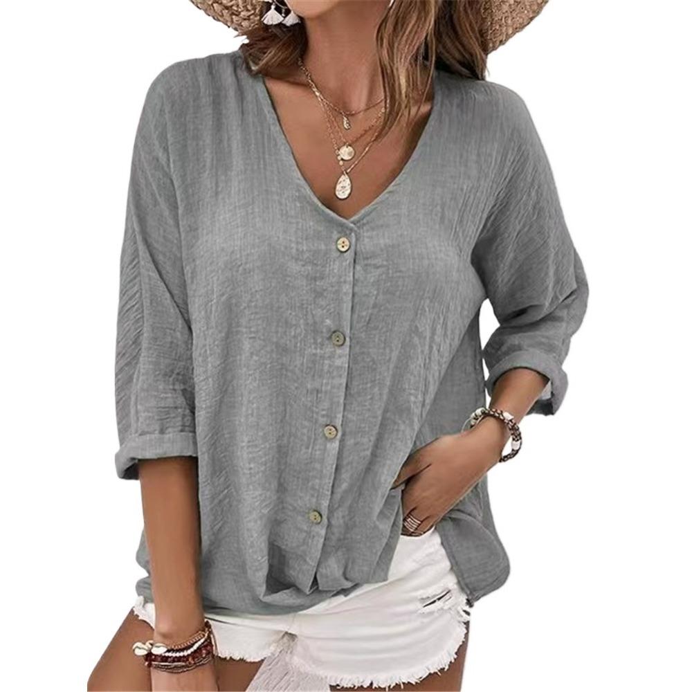 GMXIA Женские модные повседневные летние однотонные свободные блузки и рубашки с v-образным вырезом и длинным рукавом с принтом