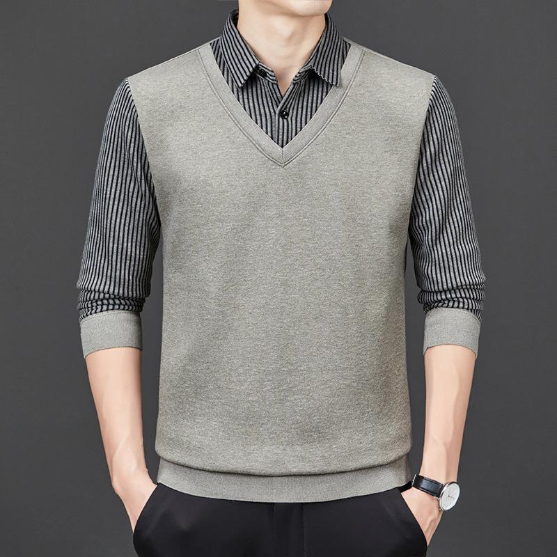 Fake Two-piece Sweater Men's Shirt Collar Long-sleeved Men's Velvet Thickened Winter Warm Top Bottoming Men's Sweater