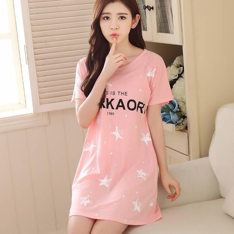 Summer Nightdress Female Cute Sweet Print Short-sleeved Girl Loose Comfortable Soft Mid-length Plus Size Nightdress Ladies Home